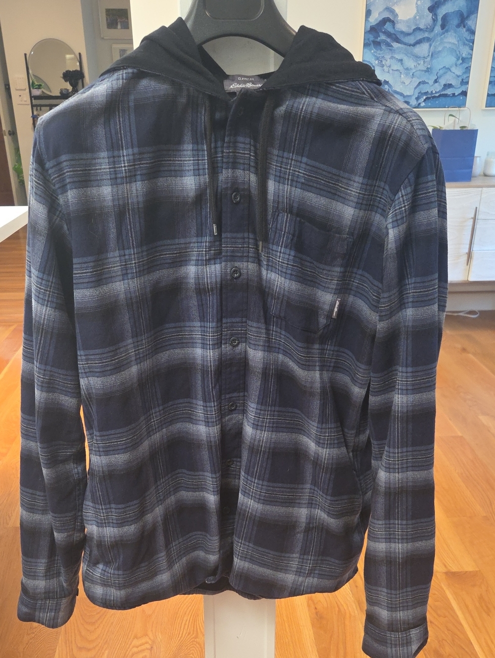 Eddie Bauer Mens Large Tall (LT) Hooded Plaid Button-Up Fleece Lined Flannel